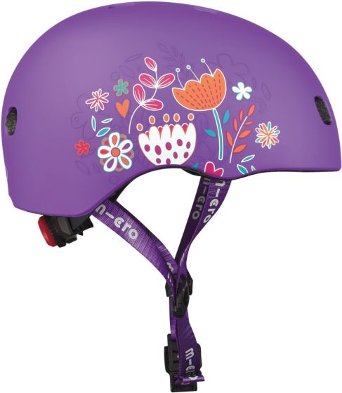 Micro PC Floral Purple Hjelm M (52-56cm) - justerbar sykkelhjelm, lilla med LED-lys