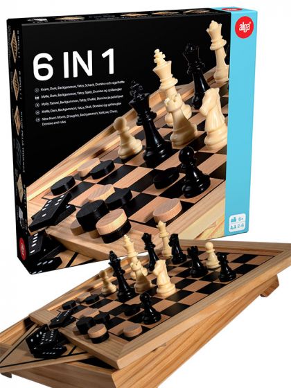 6 i 1 spill - spilleske med Sjakk, Dam, Backgammon, Domino, Mølle og Yatzy