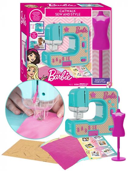 Barbie Sew and style symaskin til barn - med stoff, tilbehør og prøve-dukke