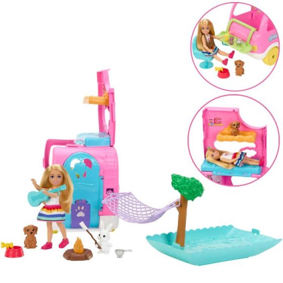 Barbie Chelsea Camper 2-i-1 lekesett med husbil og dukke - 14 tilbehør