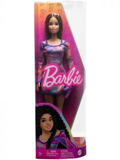 Barbie Fashionistas #206 - dukke med bølgete hår i brun, fødselsmerke og fargerik kjole