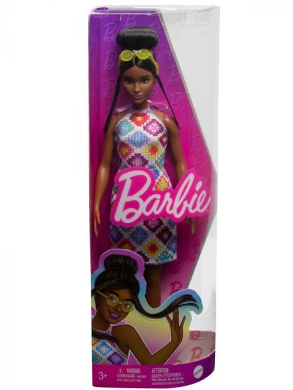 Barbie Fashionistas #210 - dukke med brunt hår i knold og farverig kjole