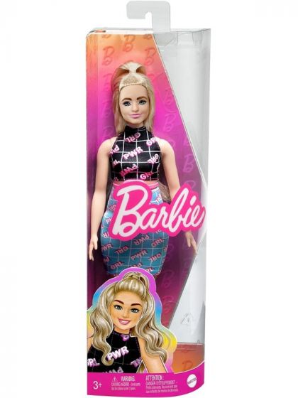 Barbie Fashionistas #202 Curvy - docka med blont hår, Girl Power-mönstrad outfit och magväska