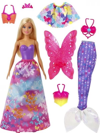 Barbie Dreamtopia Dress-Up docka med blont hår och tre färgglada outfits - sjöjungfru, fe och prinsessa - fler än 18 looks