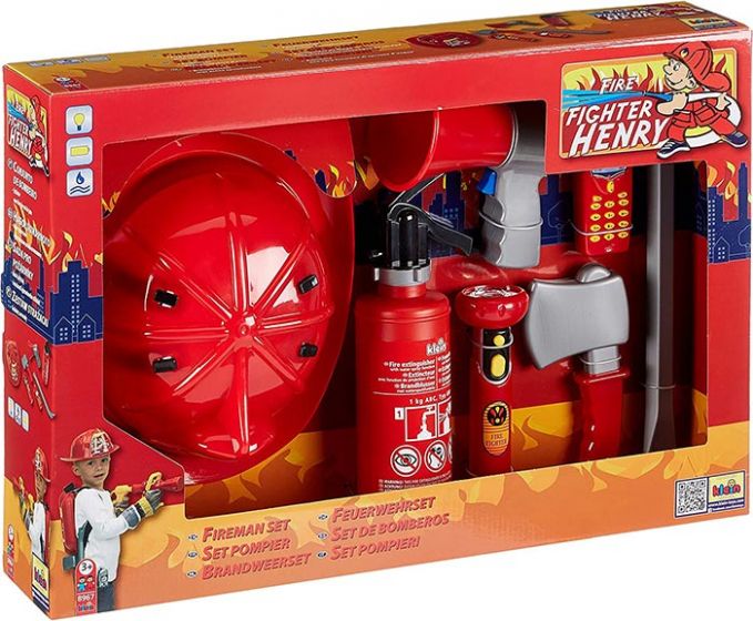 Brandmand Henry brandmandssæt - ildslukker der kan sprøjte vand, megafon, økse og mere - udklædningstilbehør