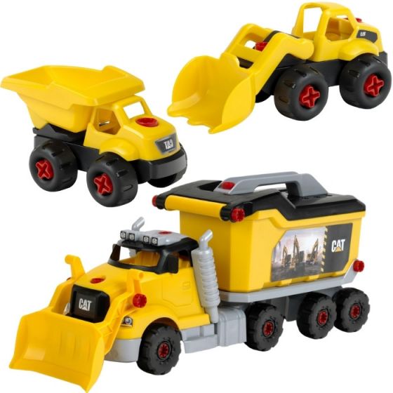 CAT Screw Truck 4-i-1 lekesett og byggesett - lastebil med dumper, gravemaskin, verktøyskasse og kran - 96 deler - fra 3 år