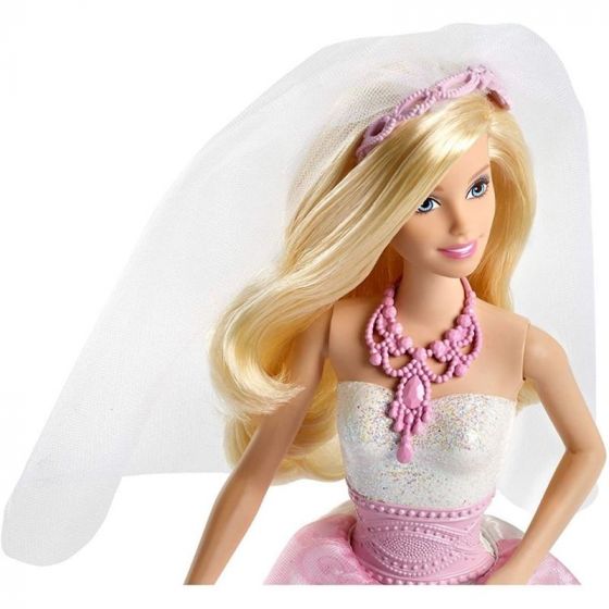 Barbie brud - dukke med hvit og rosa brudekjole med slør og brudebukett