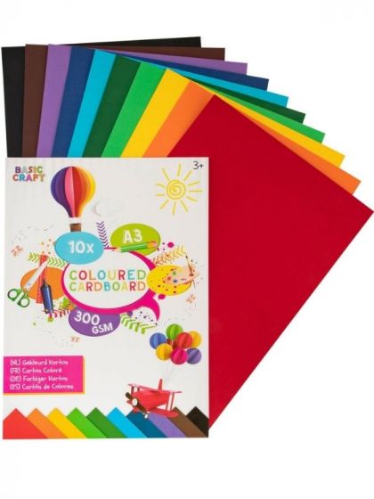 Farvet karton A3 - pakke med 10 store ark i flere farver