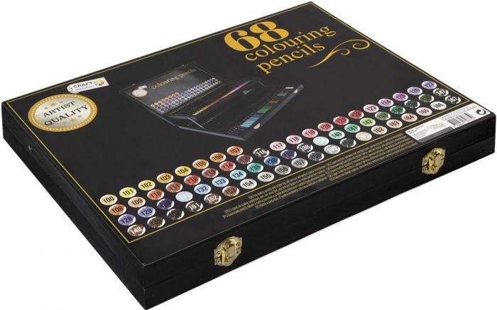 Craft Sensations tegnekoffert i tre med 68 fargeblyanter