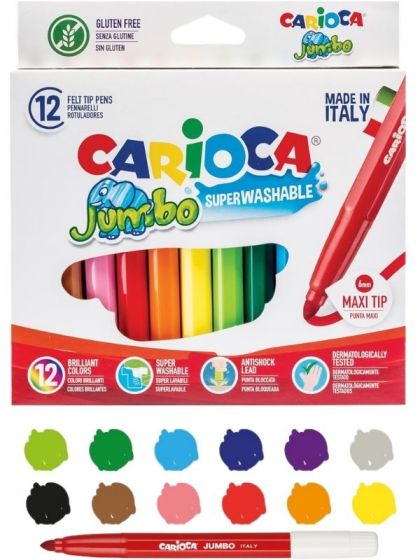 Carioca Super Washable Jumbo tusjer - 12 farger - vaskbare tusjer med stor markørspiss