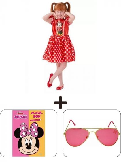 Disney Minni Mus Pakke: Kostyme 3-4 år + Malebok + Solbriller