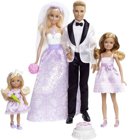 Barbie Bryllup dukkesett - brud, brudgom, 2 brudepiker og tilbehør