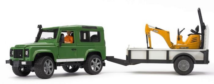 Bruder Land Rover Defender med släpvagn - JCB mikrogrävmaskin och figur