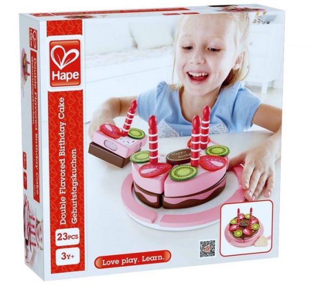 Hape Bursdagskake i tre - 4 kakestykker med lys - lekemat