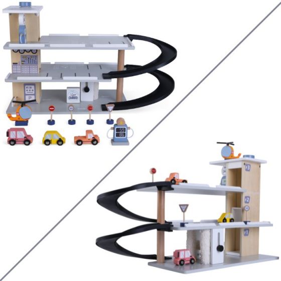 EduFun parkeringshus til legetøjsbiler - med elevator, ramper, bilvask og skilte - i træ