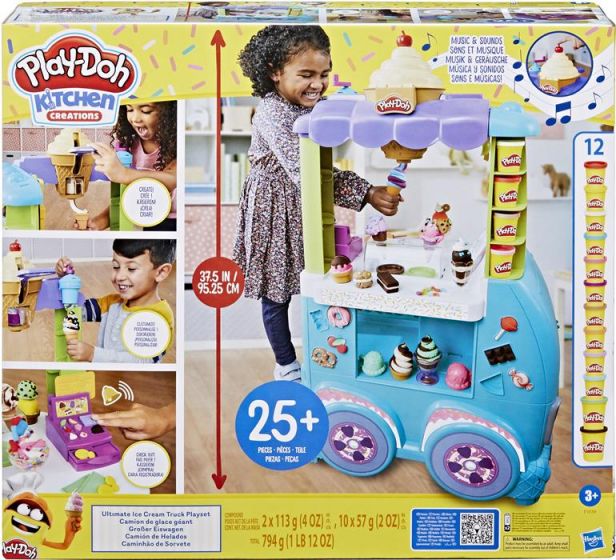 Play Doh Kitchen Creations Ultimate Ice-Cream Truck - Isbil lekesett med lyd og musikk - 12 bokser leire og tilbehør - 95 cm