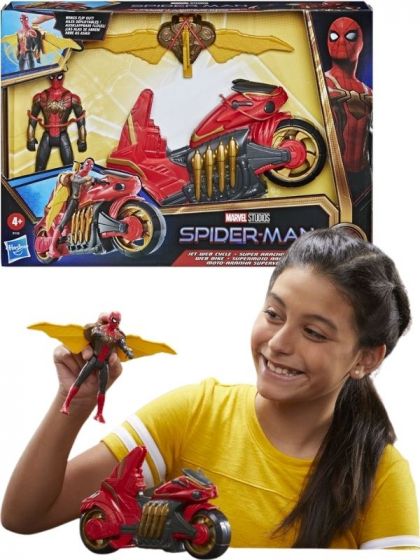SpiderMan No Way Home Jet Web Cycle - motorcykel och SpiderMan figur med vingar - 15 cm