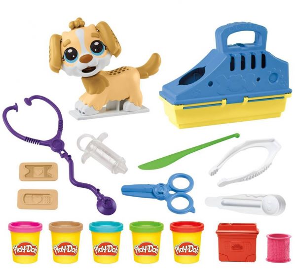 Play Doh Care N Carry veterinærsett med lekehund, 5 bokser lekeleire og tilbehør