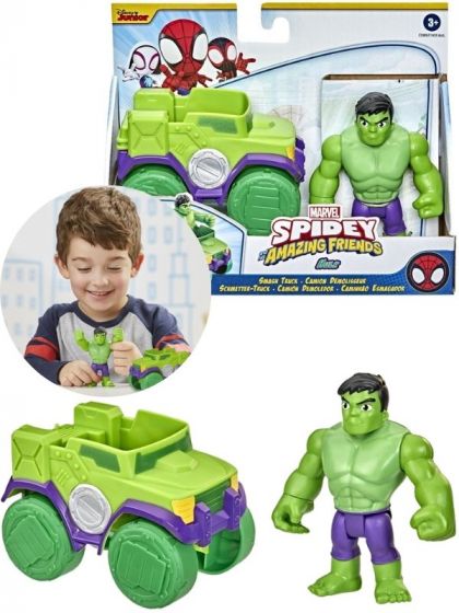 SpiderMan Spidey and his Amazing friends Hulk and Smash Truck - Hulken actionfigur med bil - 10 cm