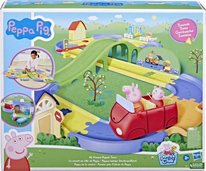 Peppa Gris All Around Town lekesett - kjørebane med lekebil, figur og tilbehør