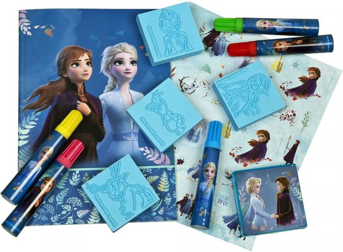 Disney Frozen stort stempelsett - med tusjer, stempel, blekk, notatbok og klistremerker