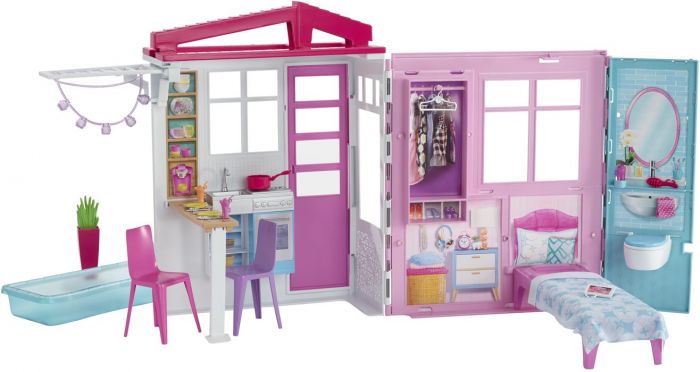 Barbie Close and Go dockskåp med möbler och 4 lekområden - 60 cm