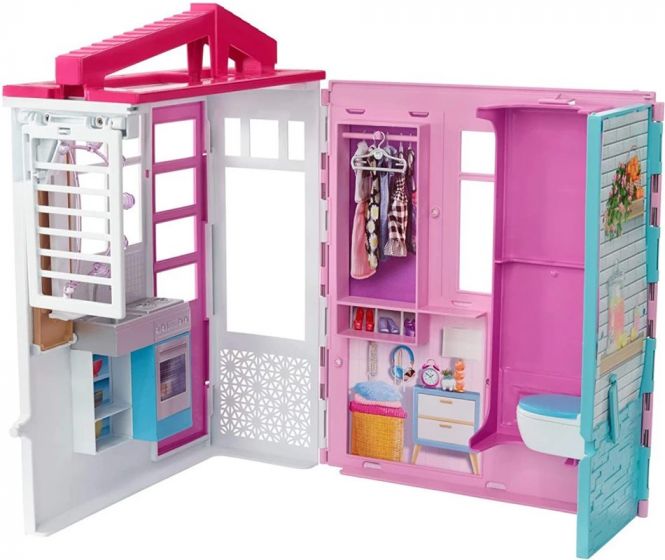Barbie Close and Go dockskåp med möbler och 4 lekområden - 60 cm