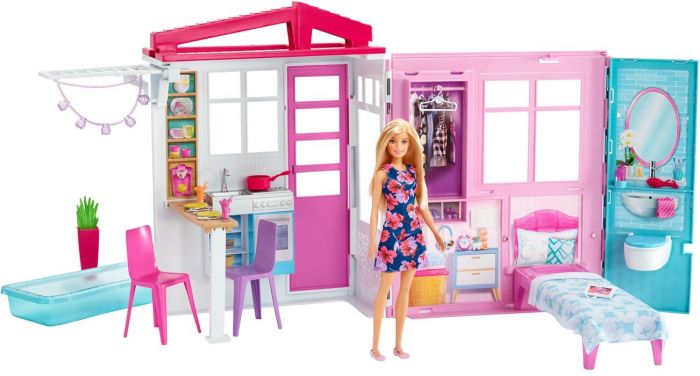 Barbie Fold and Go dukkehus på ett plan - med dukke og møbler
