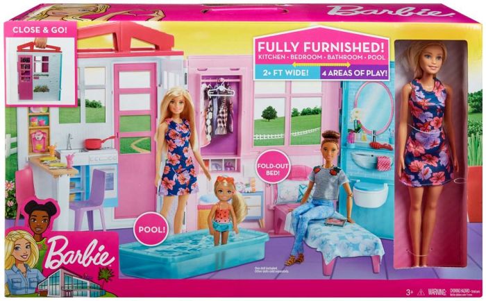 Barbie Close and Go dockskåp med docka, möbler och 4 lekområden - 60 cm