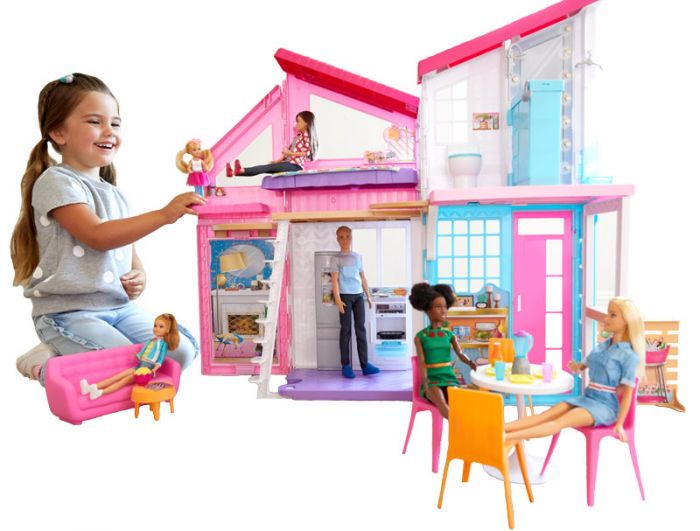 Barbie Malibu house - bærbart dukkehus med 2 etager, 25 møbler og tilbehør