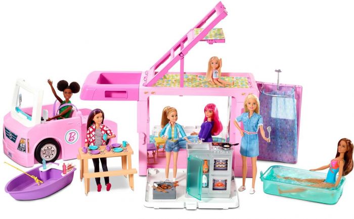 Barbie Dream Camper 3-i-1 med bil, husbil och båt - 60 tillbehör - 57 cm