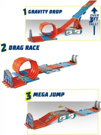 Hot Wheels Race Crate - med 3 i 1 stuntoppsett - 2 biler og 3 stuntbaner - bærbar lagring