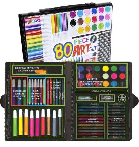 Grafix tegnekoffert med tusjer, fargestifter, oljepasteller og maleutstyr - stort fargeleggingssett på 80 deler