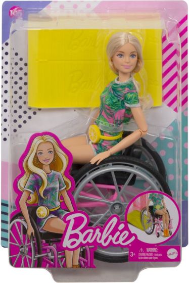 Barbie Fashionistas docka med rullstol och långt, blont hår - tropisk outfit, orange skor och gul väska
