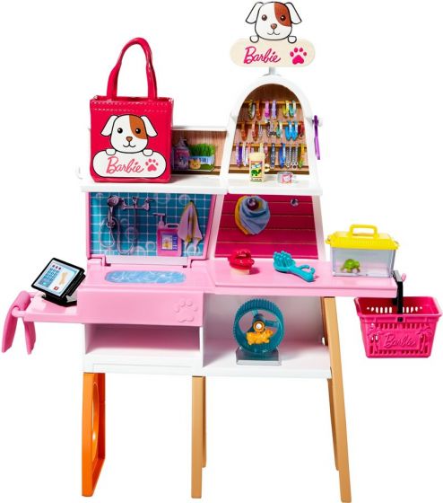 Barbie Dyrebutikk lekesett  - med dukke, 4 dyr, stellestasjon, kassadisk og tilbehør