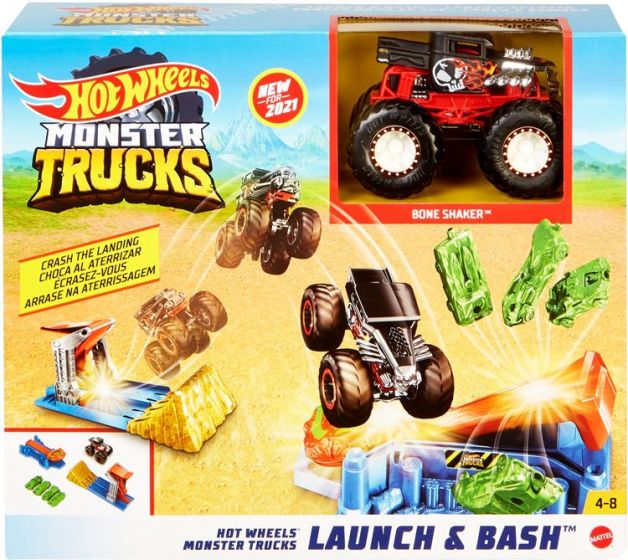 Hot Wheels Monster Trucks Launch and Bash stuntbana med 1:64 monster truck och 4 stuntbilar