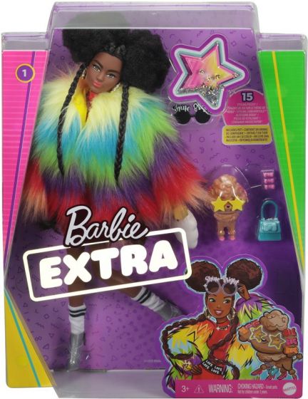 Barbie Extra dukke #1 med 15 tilbehør - med afro og lange fletter, fargerik pelsjakke og hund