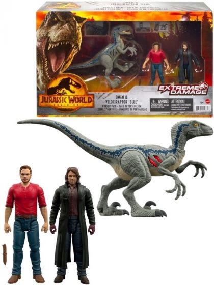 Jurassic World Dominion Extreme Damage - Owen & Velociraptor 'Blue'  - lekesett med dinosaur og 2 figurer