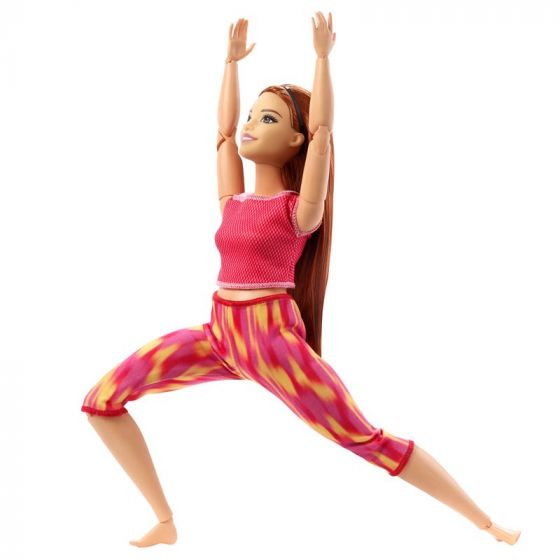 Barbie Made to Move - dukke med 22 fleksible ledd - rødhåret med rød og rosa yogabukser