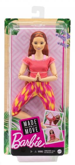 Barbie Made to Move - dukke med 22 fleksible ledd - rødhåret med rød og rosa yogabukser