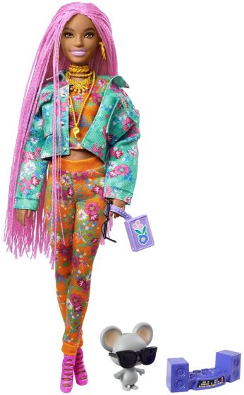 Barbie Extra dukke #10 med 15 tilbehør - med rosa fletter, blomstrete antrekk og DJ-mus