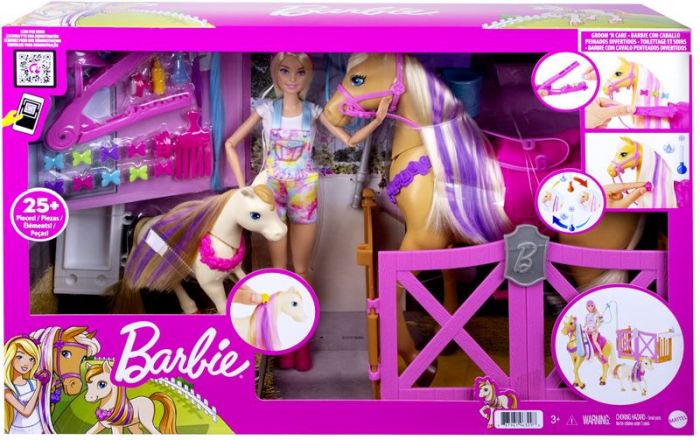 Barbie Groom 'n Care lekesett - med dukke og 2 hester - over 25 deler
