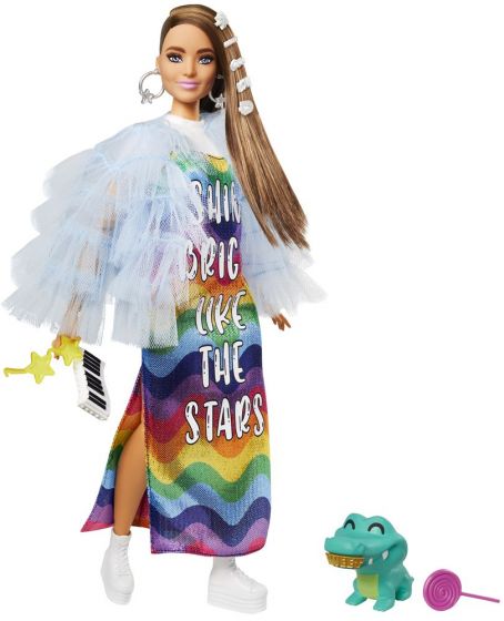 Barbie Extra dukke #9 med 15 tilbehør - med regnbuekjole, blå tylljakke og krokodille