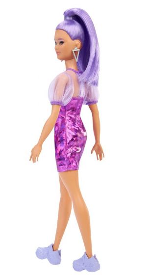 Barbie Fashionistas #178 - petite dukke med lilla hår og glinsende lilla monokrom kjole