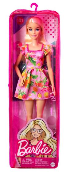 Barbie Fashionistas #181 - blond dukke med kjole med frukt-print og rosa briller