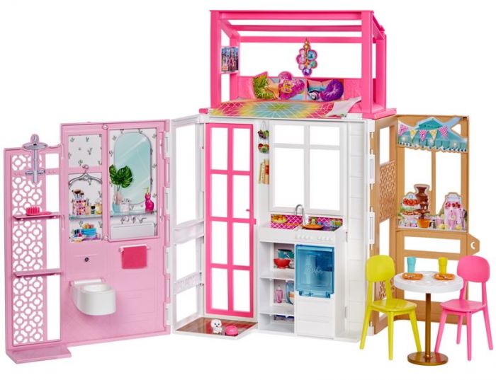 Barbie Fold and Go 2-etasjes dukkehus med 4 fullt møblerte rom - tilbehør inkludert - 76 cm