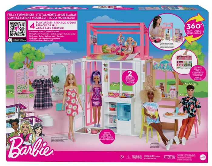 Barbie Fold and Go Dockhus med 2 våningar och 4 fullt möblerade rum - tillbehör ingår - 76 cm