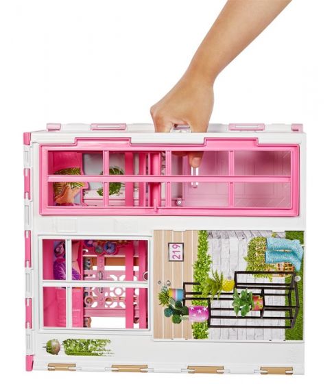 Barbie Fold and Go dukkehus med 2 etasjer og 4 rom - fullt møblert - dukke og tilbehør inkludert - 76 cm