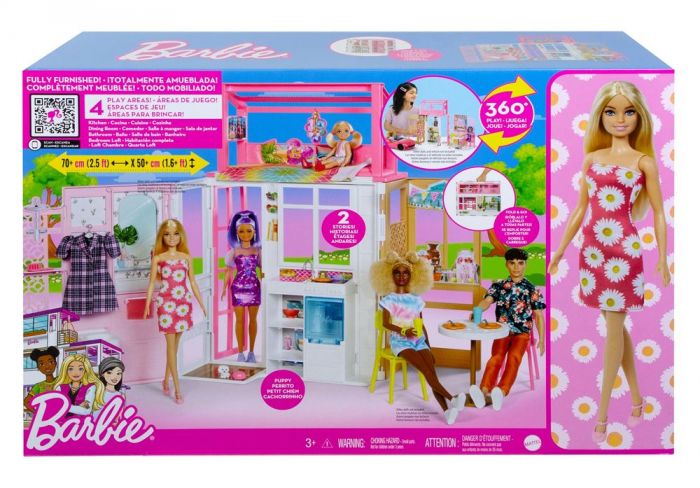 Barbie Fold and Go dukkehus med 2 etasjer og 4 rom - fullt møblert - dukke og tilbehør inkludert - 76 cm
