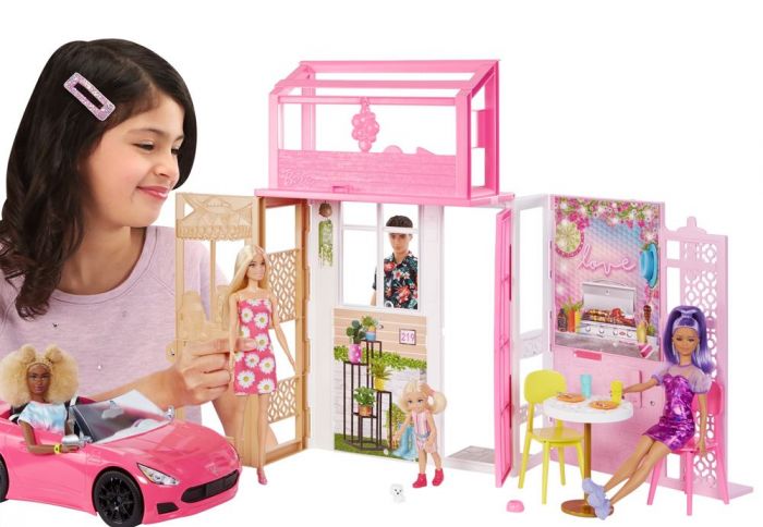 Barbie Fold and Go dockhus med 2 våningar och 4 rum - fullt möblerat - docka och tillbehör ingår - 76 cm